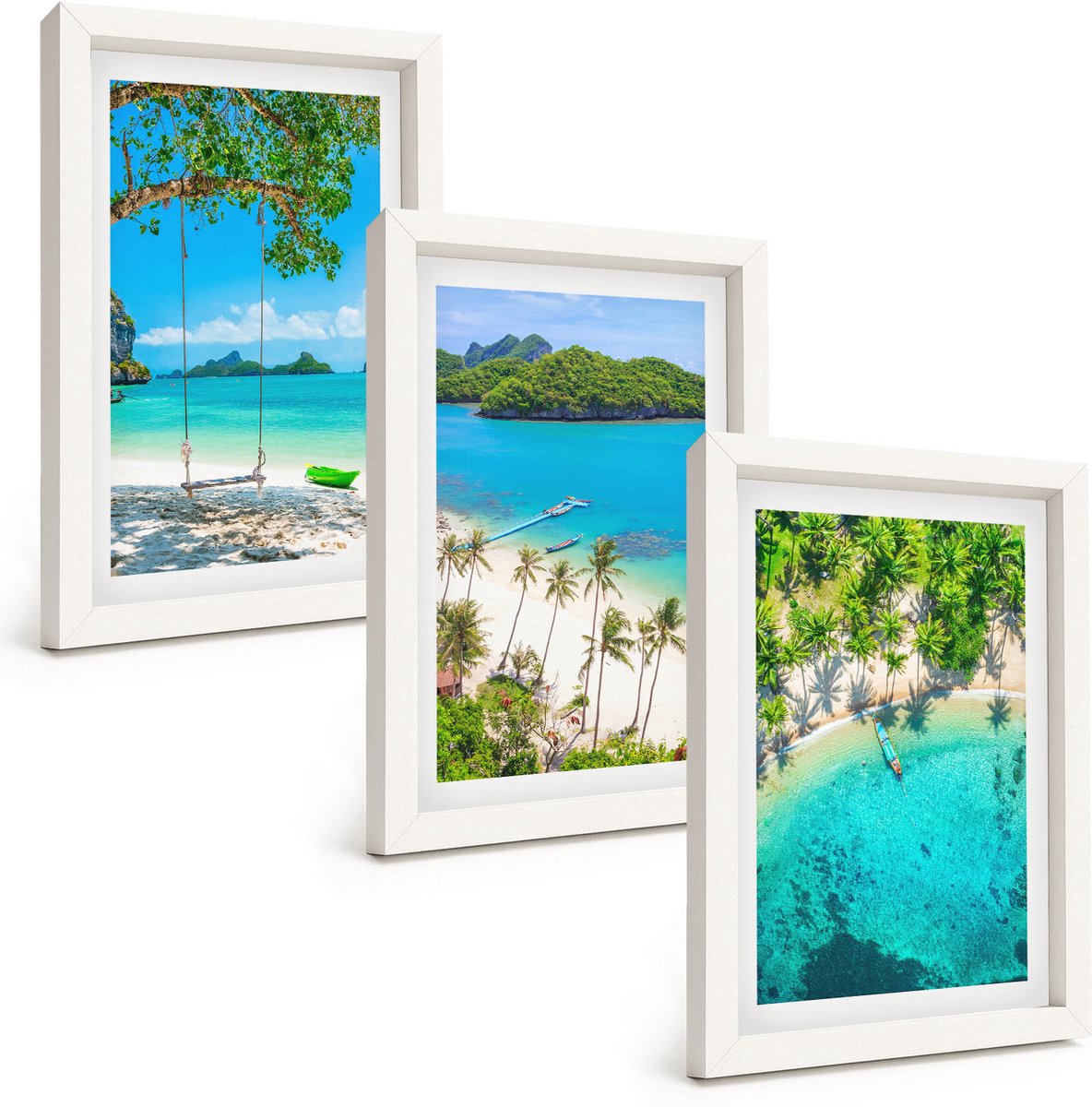Wallfluent 3-Delige Schilderij Set - Tropische Stranden Met Palmbomen En Kristalhelder Water. - 20 x 30 - Stijlvolle Muurdecoratie - Slaapkamer - Moderne Wanddecoratie