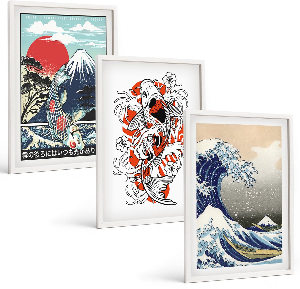 Wallfluent 3-Delige Schilderij Set - Illustraties Van De Visbergen En De Grote Golf Voor De Kust Van Kanagawa In Japanse Stijl. - 40 x 60 - Decoratieve Schilderijen - Wanddecoratie - Hal - Stijlvolle Muurdecoratie