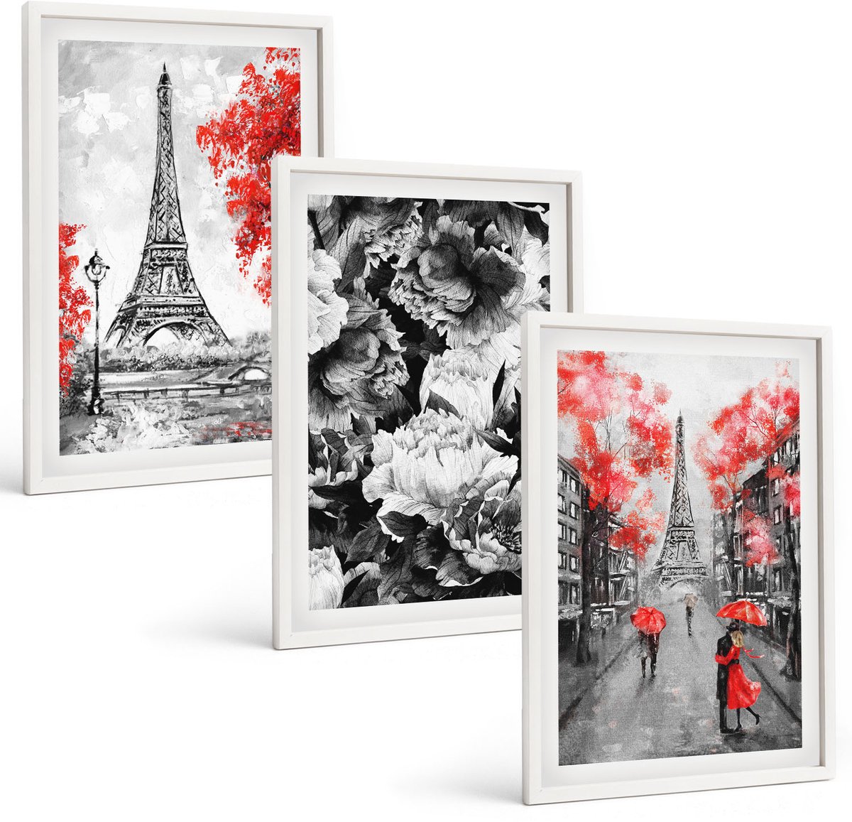 Wallfluent 3-Delige Schilderij Set - Eiffeltoren In Grijs Met Rode Accenten - 40 x 60 - Wanddecoratie - Muurdecoratie - Moderne Interieurdecoratie - Decoratieve Schilderijen