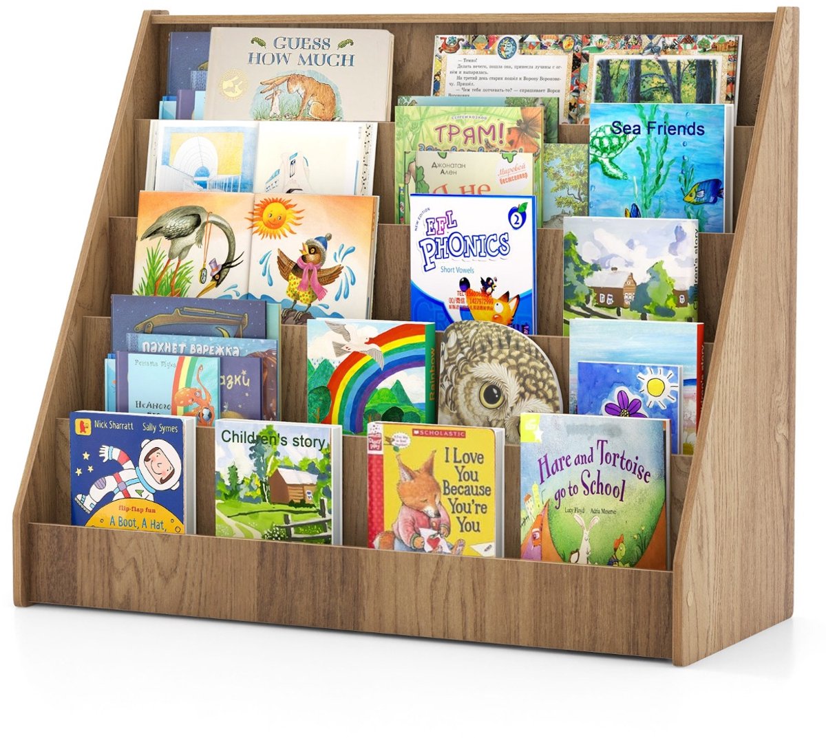 SureDeal® - Kinderrek met 5 vakken, Boekenplank voor kinderen, Krantenstandaard van hout, Opbergrek voor kinderkamer, Speelkamer, 91 x 38 x 76,5 cm (Natuur)