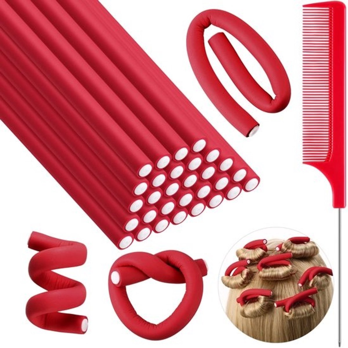 Dailygoods- Krulspelden 30 stuks - Flexibele Krulspelden - Geen Hitte - Rattenstaartkam - Voor Dames/Meisjes - 18 x 0,8 cm - Haarrollers