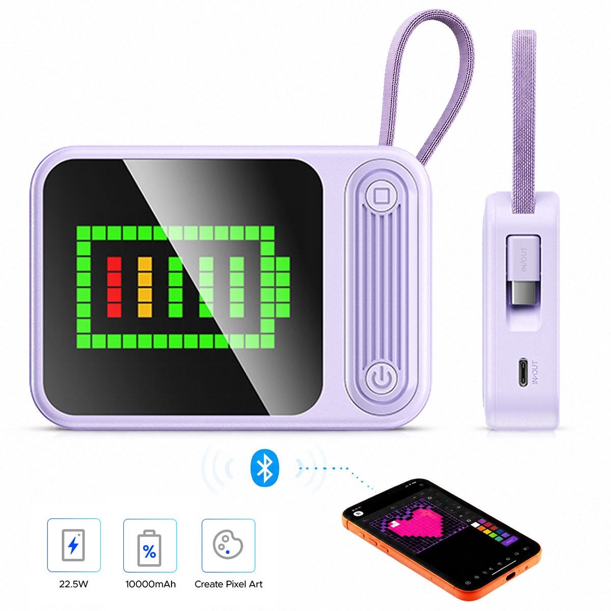 ORICO PC22 – Pixel DIY Powerbank 10000mAh – 22.5W Snellader – 256 LED-pixeldisplay met app-bediening – USB-C (5V/9V/12V) – Reis Powerbanks - Noodpakket - geschikt voor smartphones en tablets - Paars