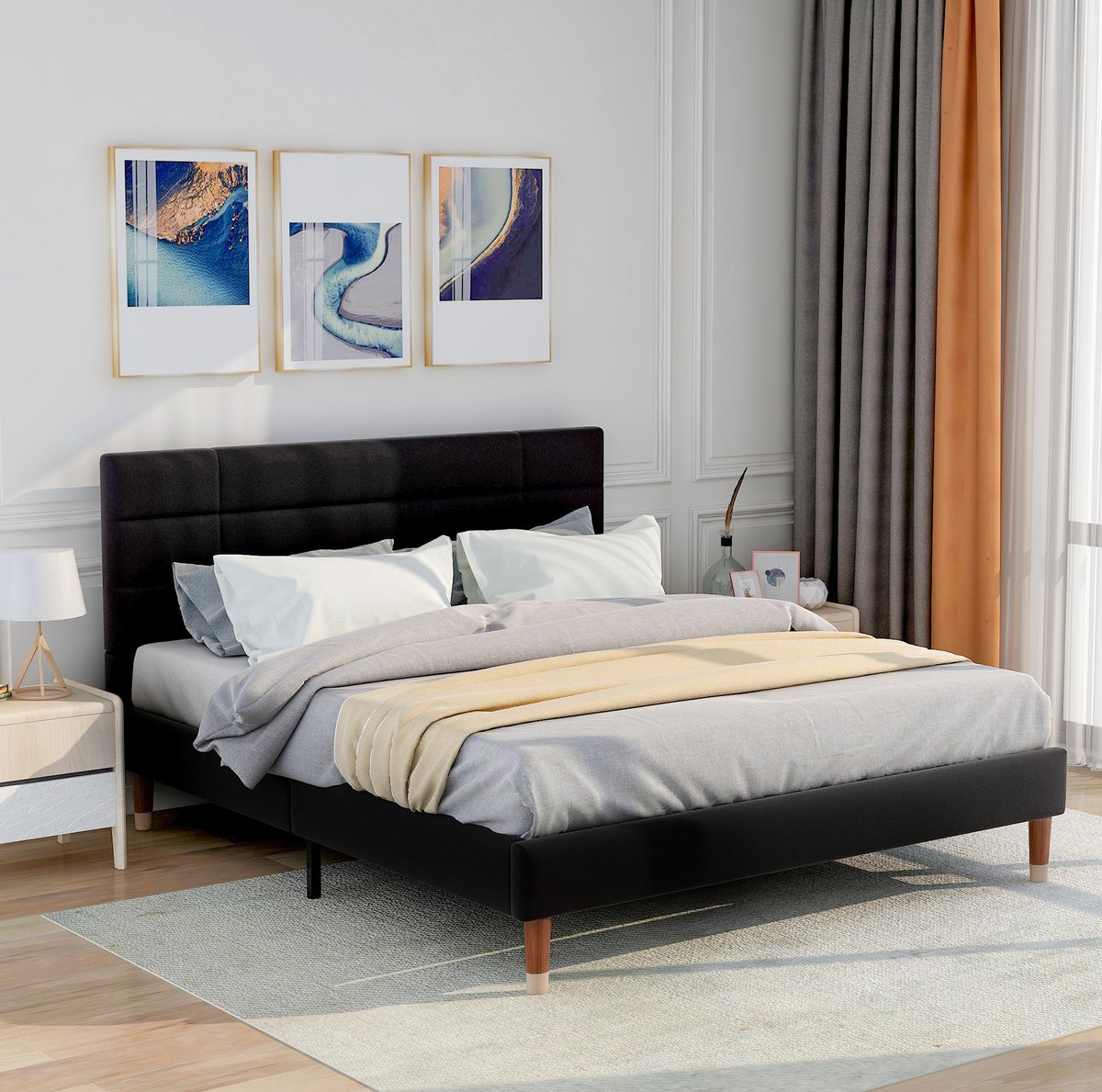 REDOM - Bed - 7-zone pocketveringmatras - Lattenbodem - Met hoofdbord - Moderne stijl - Slaapkamer - Hout, stof en metaal - Zwart - 141 x 209 x 101 cm