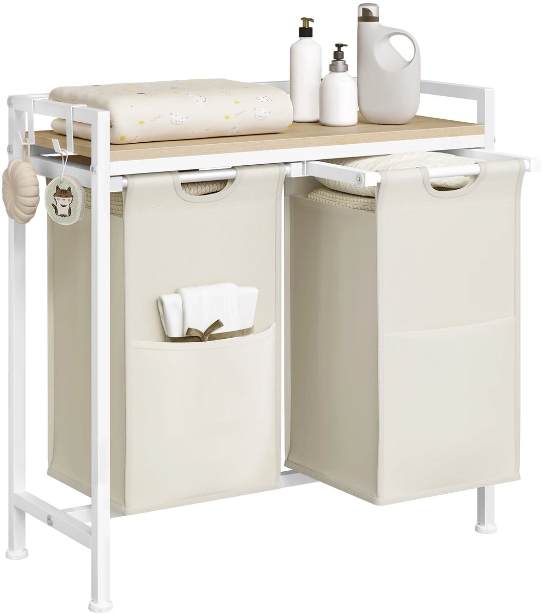 Klarven® Wasmand met deksel Wit 2 tassen 80l - Uitneembare wasmand - Stabiel frame, Gemakkelijk schoon te maken - Wit - B 70 x D 30 x H 71 cm