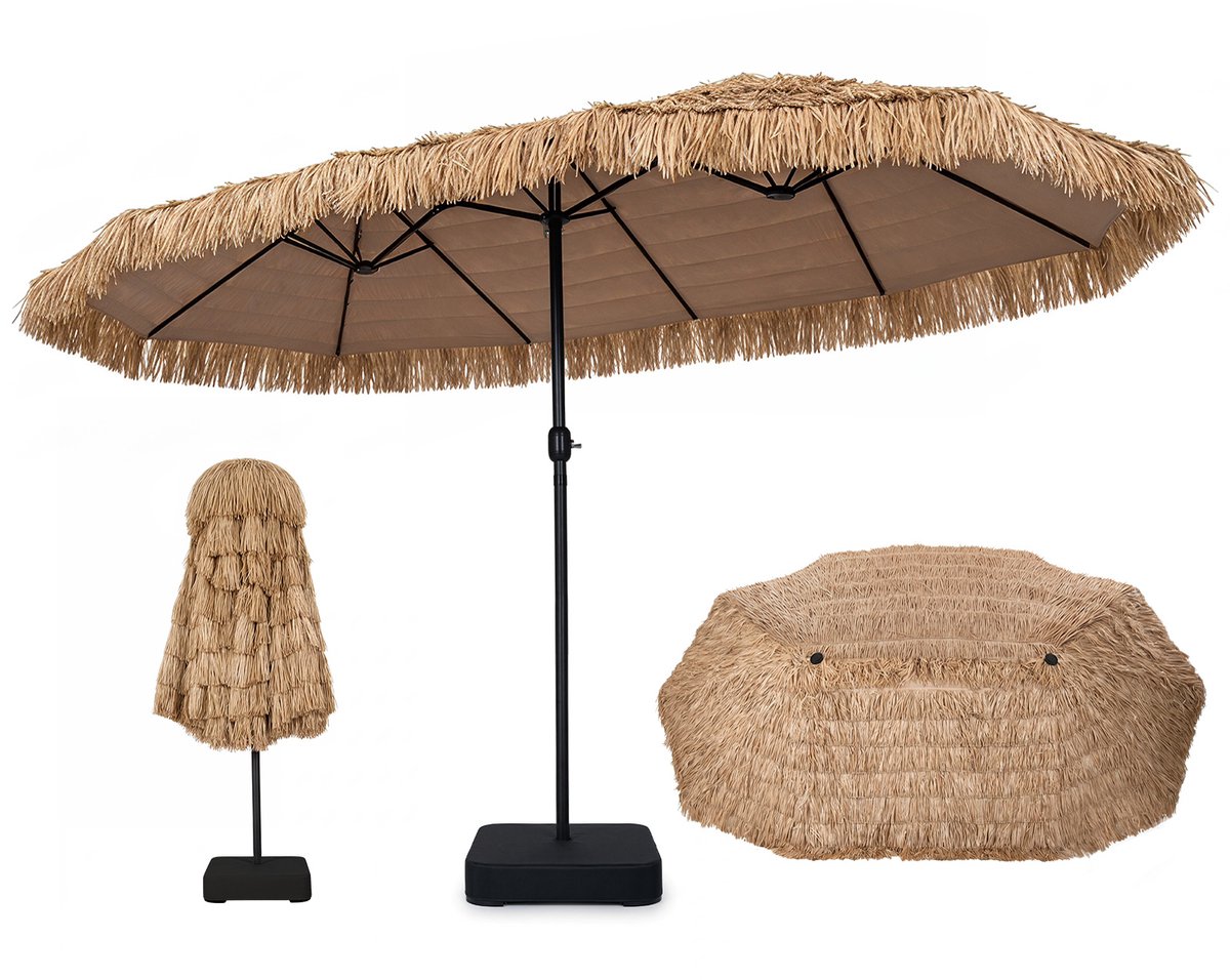 SureDeal® - Parasol - Hawaii - Parasolstandaard Stroparasol - Zwengel Metalen Spaken - Tuin Balkon Strand - 450x270x252 cm - Bruin