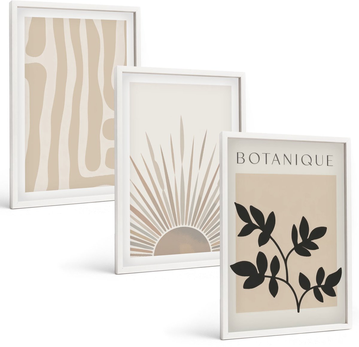 Wallfluent 3-Delige Schilderij Set - Abstracte Patronen Met Plantenaccenten In Neutrale Tinten. - 40 x 60 - Muurdecoratie - Interieur Decoratie - Moderne Wanddecoratie