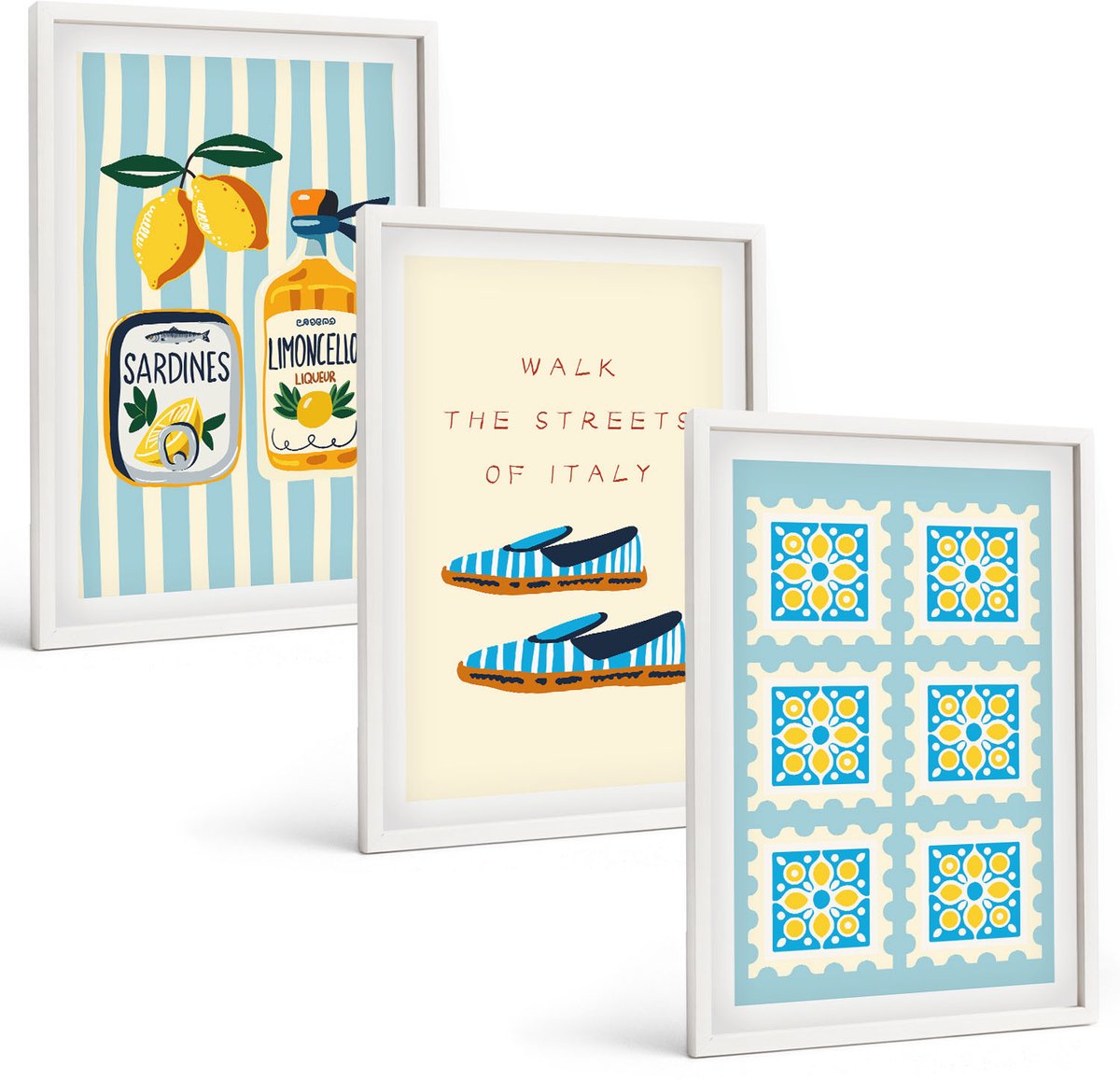 Wallfluent 3-Delige Schilderij Set - Fruitpatronen En Elementen Van De Italiaanse Cultuur - 40 x 60 - Wanddecoratie - Woonkamer Decoratie - Muurdecoratie