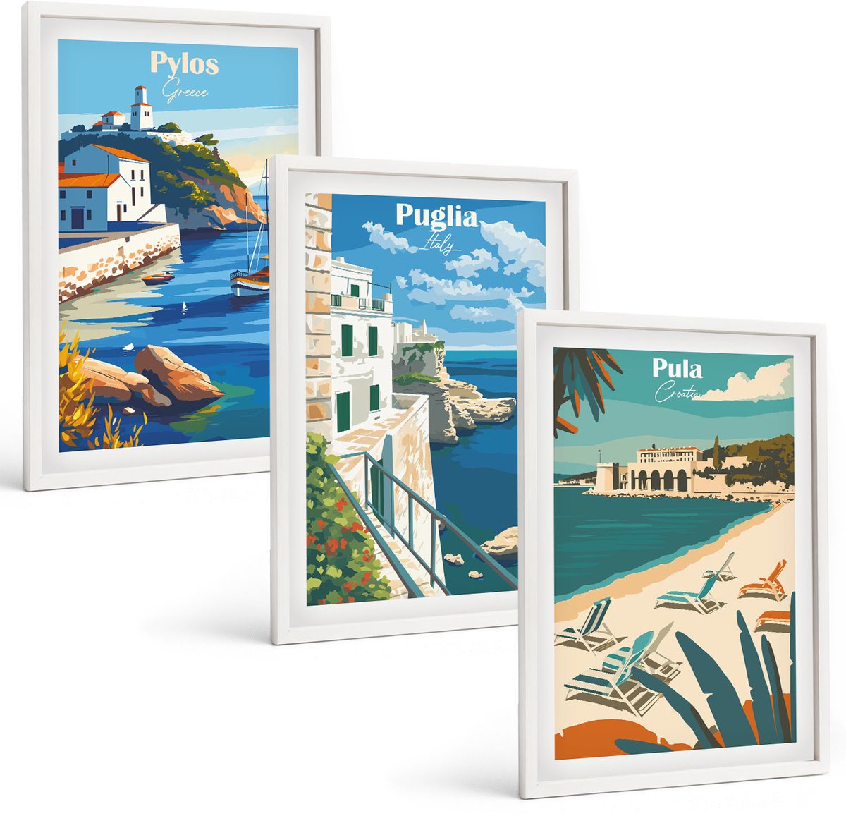 Wallfluent 3-Delige Schilderij Set - Schilderachtige Kustlandschappen Uit Toeristische Landen - 40 x 60 - Muurdecoratie - Interieur Decoratie