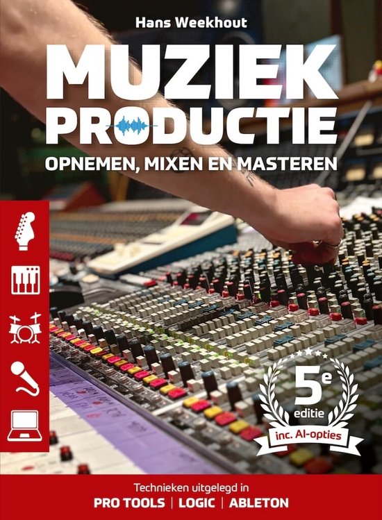 Livre "Muziekproductie" avec texte et image d'une table de mixage.