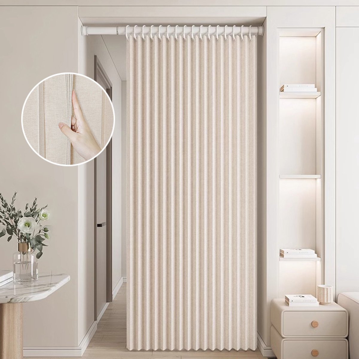 Deurgordijn zonder Boren 100x200 cm - Beige Plissé Opvouwbaar Deurgordijn - met Lederen Bindriem - Roomdivider