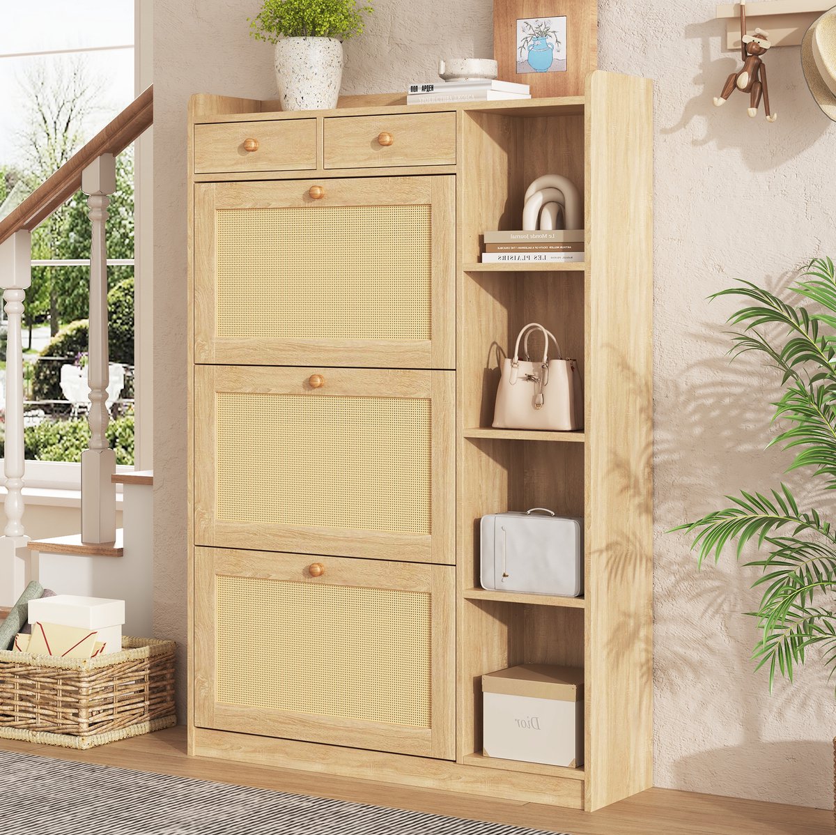 DESMIU Schoenenkast Smal Met Rattan Klapvakken En 2 Laden Voor Hal En Woonkamer In Natur Spaanplaat 90x24x130 Cm