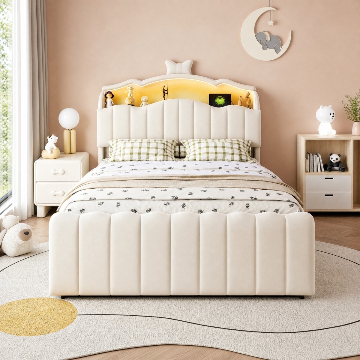 MODENUIT Kinderbed – 140 x 200 cm – Met Opbergruimte En LED Hoofdbord – Stof Metaal MDF Hout – Beige
