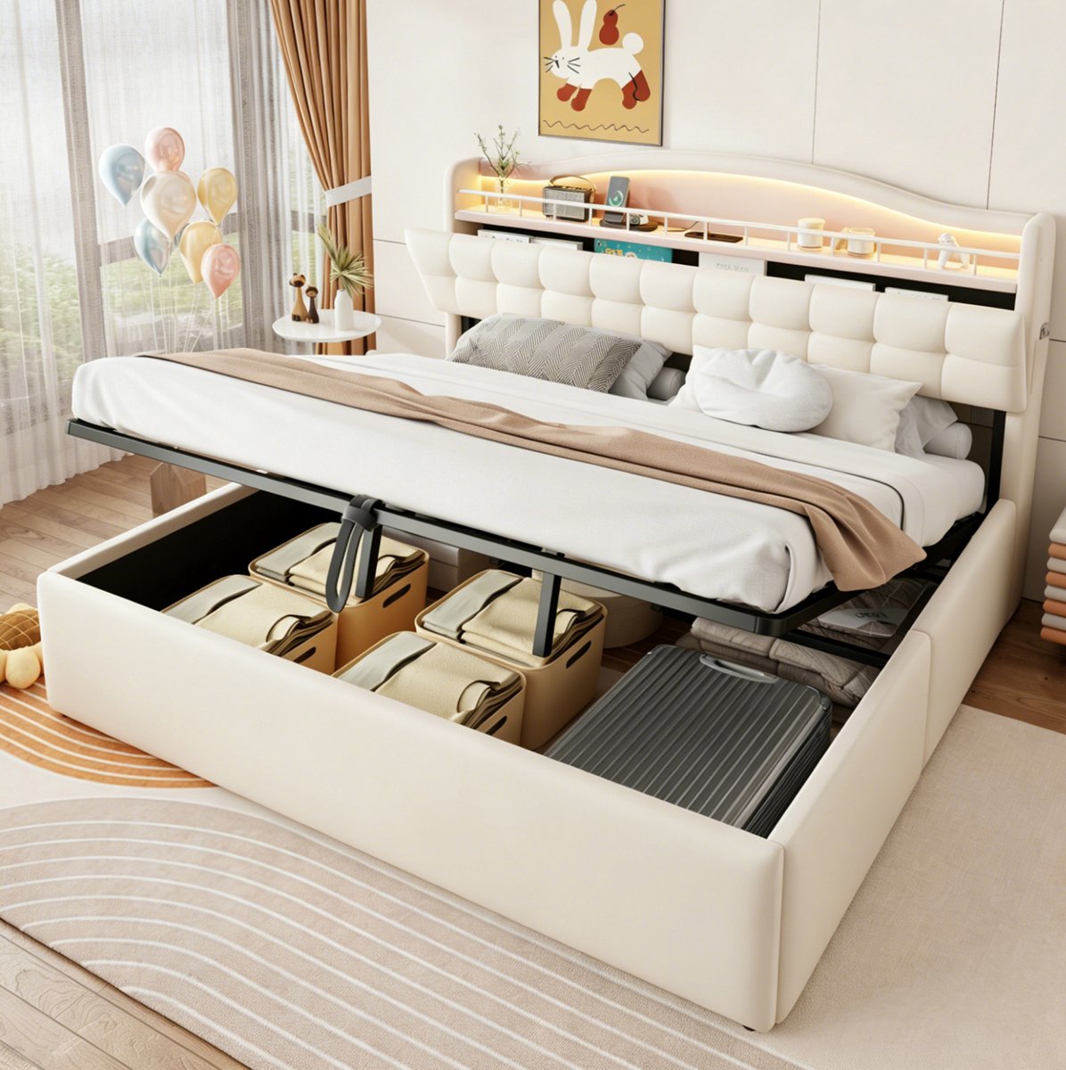 Gestoffeerd Bed 180 X 200 Cm Met Opbergruimte, Led, Usb En Usb-C, Metalen Lattenbodem, Beige Voor Slaapkamer
