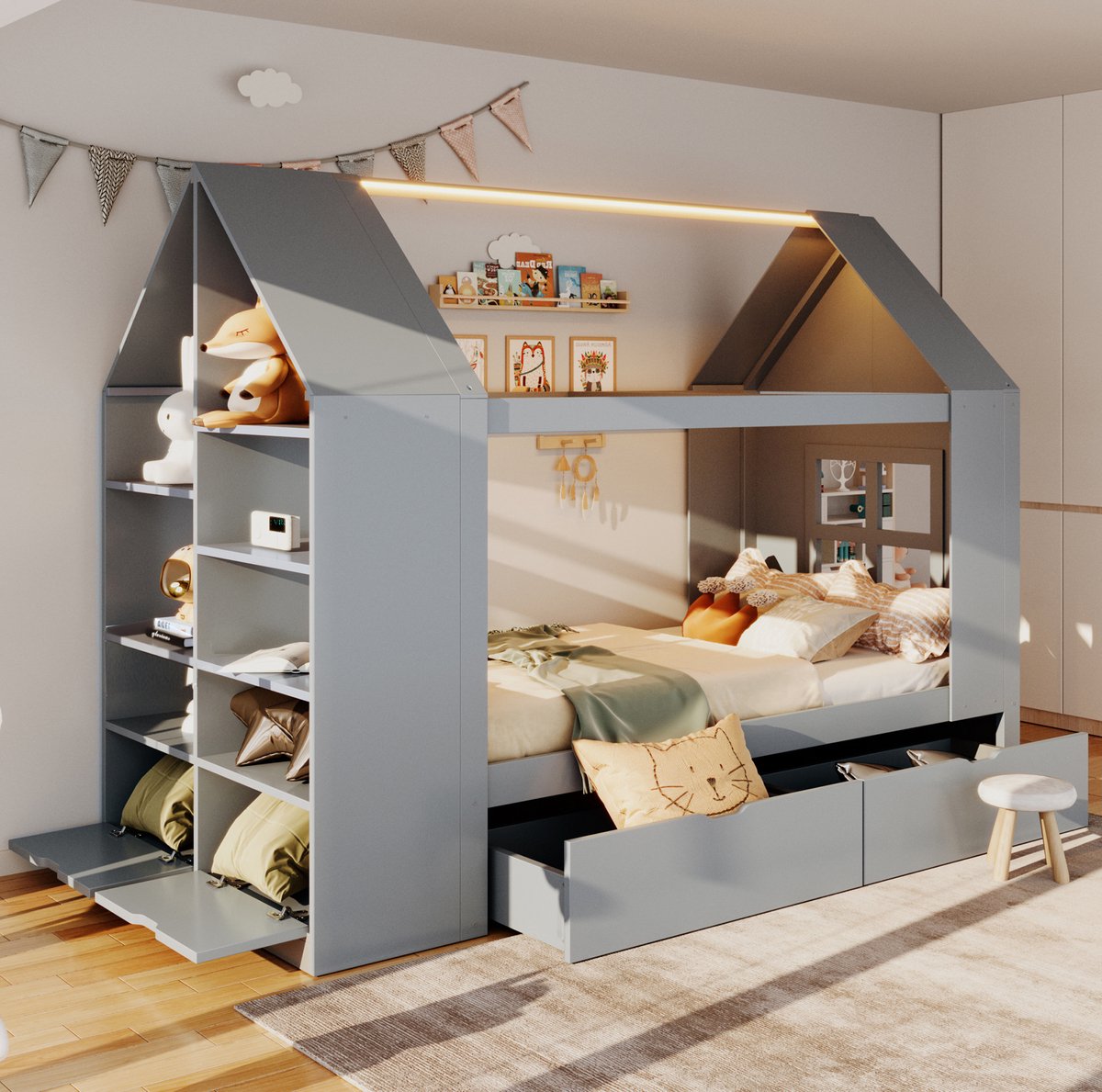 MODENUIT Kinderbed – 90x200 cm – Met 2 Lades en LED – Hout en MDF – Grijs – Met Opbergruimte