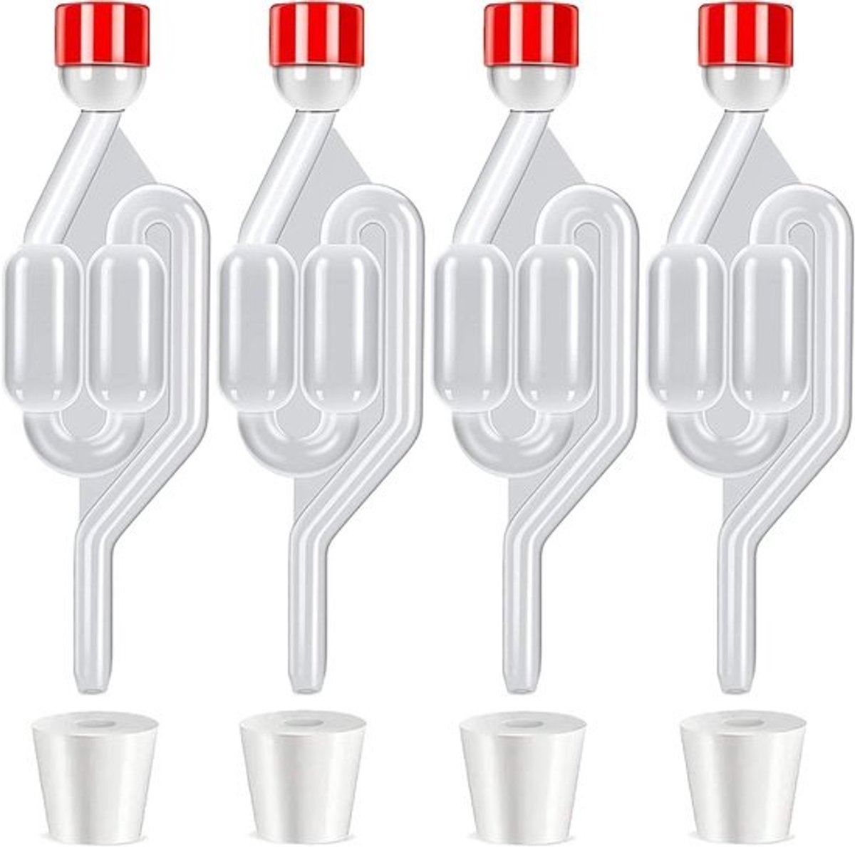 Set van 4 Fermentatiebuizen met Rubber Stoppen en Plastic Deksel voor Wijn en Bierbrouwerij, Transparante Buizen voor Thuisbrouwen en Fermentatieprocessen
