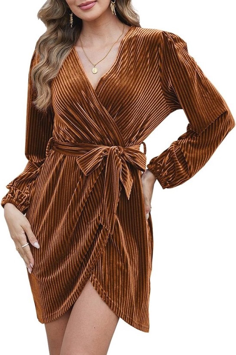 Elegante Dames Jurken voor Winter - Fluwelen Cocktail Jurk met Lange Mouwen en V-Hals
