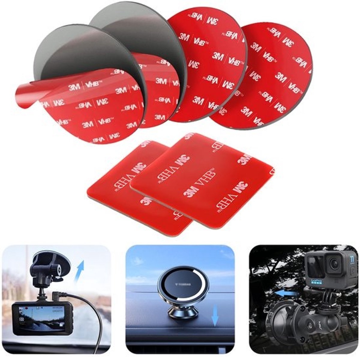 Dubbelzijdige Sterke Plakstrips voor Dashcam, Dashboard en Auto - Hittebestendige Montageband, Vierkant & Rond - 6 Sets