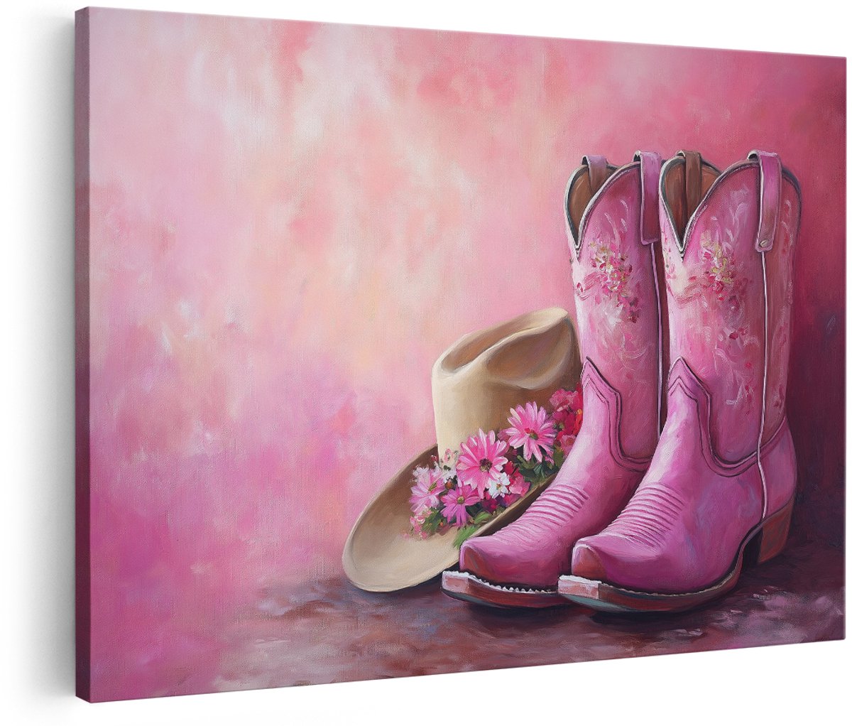 Artaza Canvas Schilderij Roze Cowboylaarzen - 150x100 cm - Groot - Wanddecoratie Cowboyhoed - Muurdecoratie Bloemen - Decoratie Slaapkamer Roze