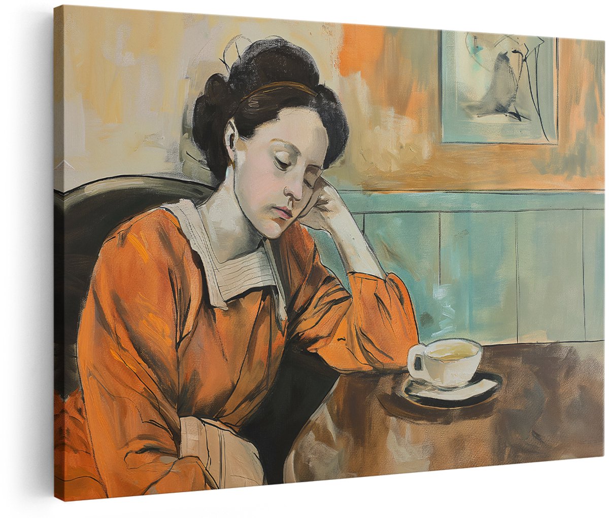 Artaza Canvas Schilderij Vrouw - 150x100 cm - Groot - Wanddecoratie Vintage - Muurdecoratie Kopje Thee - Decoratie Woonkamer - Oranje