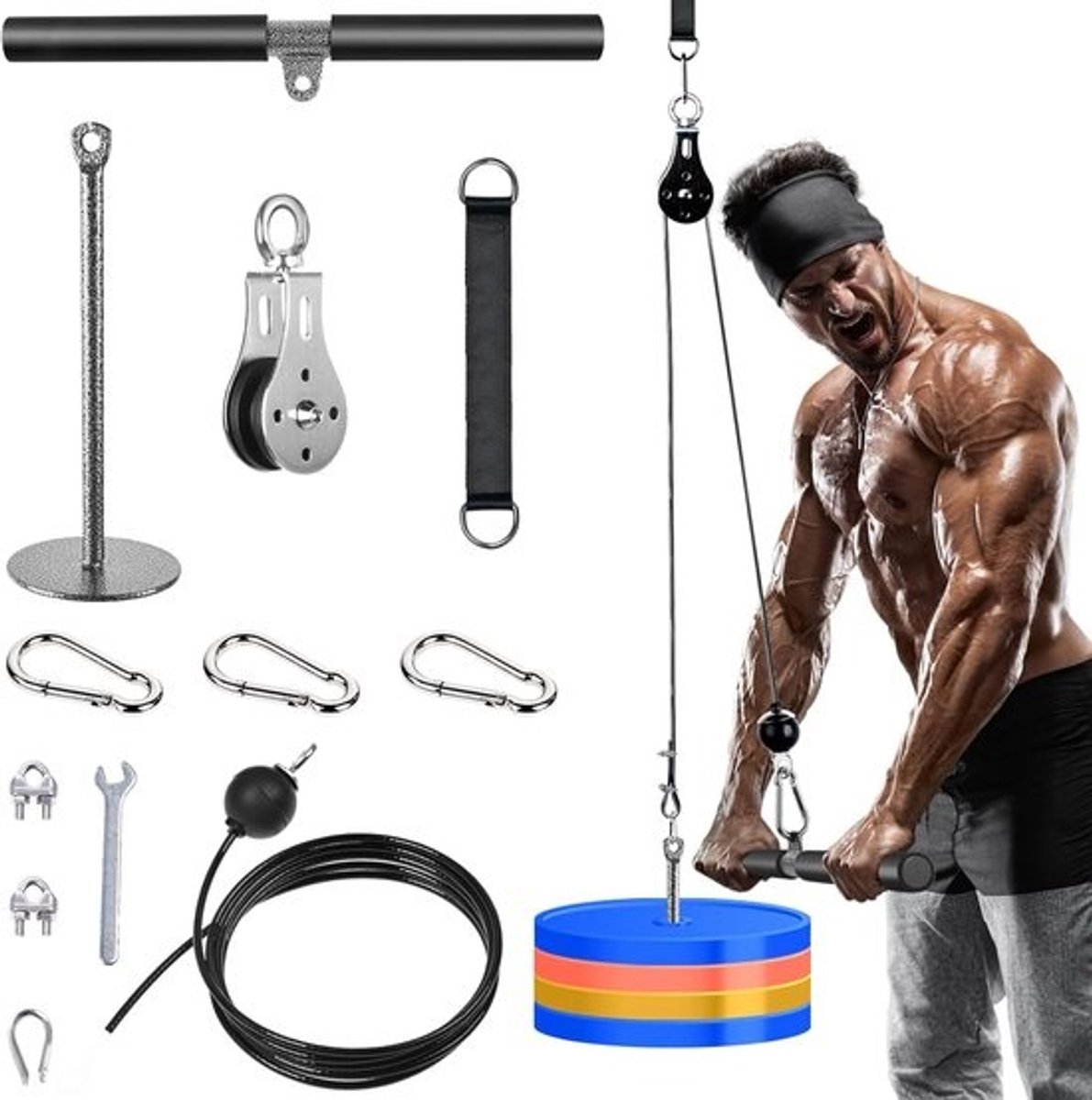 SnelShoppen - Fitness Kabel LAT Pulley Systeem voor Thuis, Pulley Apparatuur met Grip Pulley Set, Tricep Touw en Stang voor Spiertraining, Ideaal voor