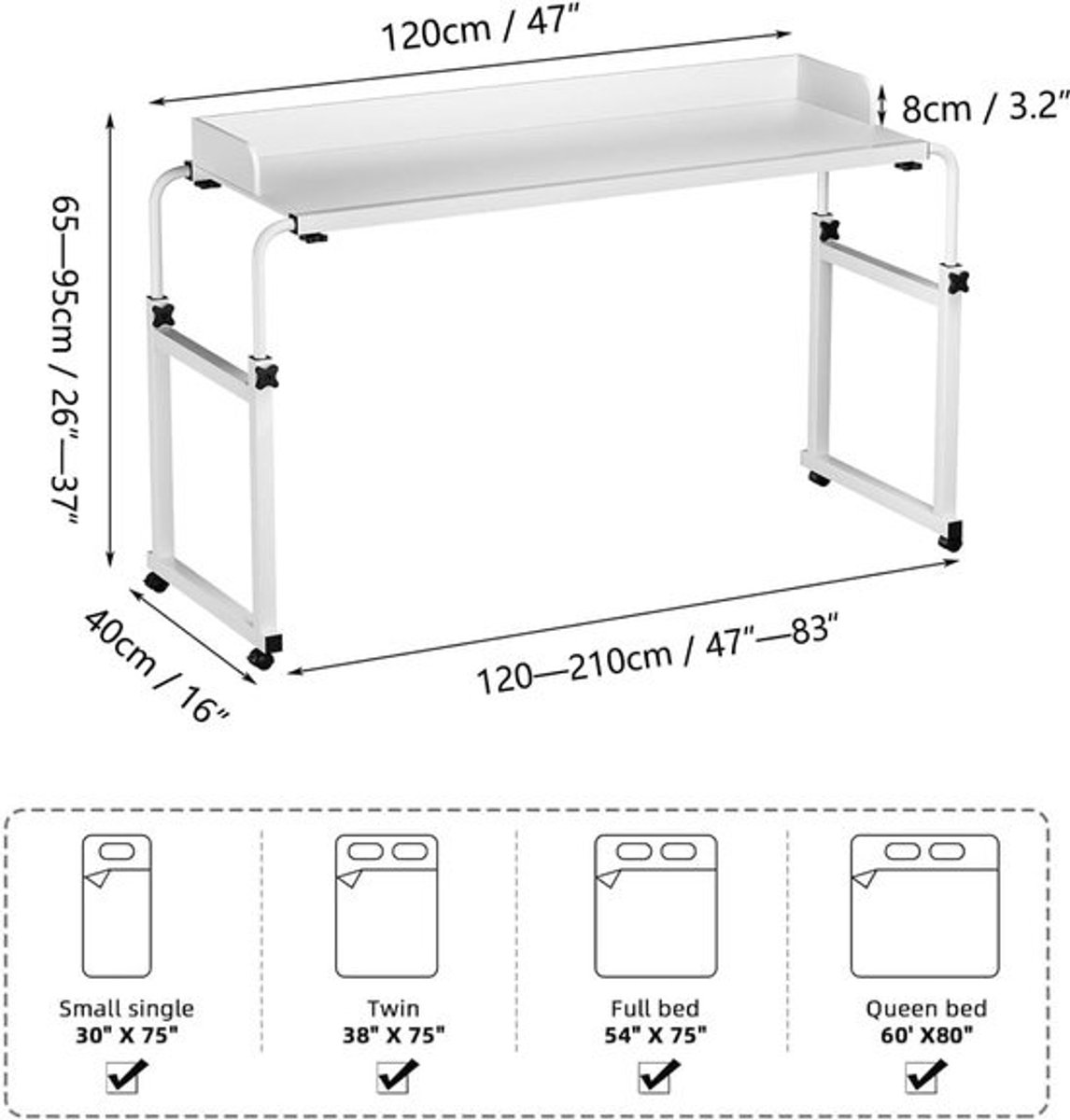 Verstelbare Bedtafel - Bijzettafel Bureau - Thuiswerken Ontbijten - In Hoogte Breedte Verstelbaar - 115x45cm 65-95cm Hoogte - Houtkleur