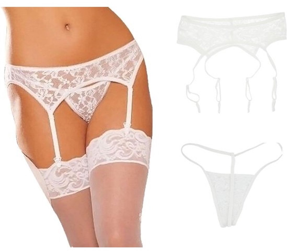 Kanten Jarretelgordel - Lingerie Set - Speciale Gelegenheden - Compleet 3-Delig - 34-46 - Zwart Wit Rood