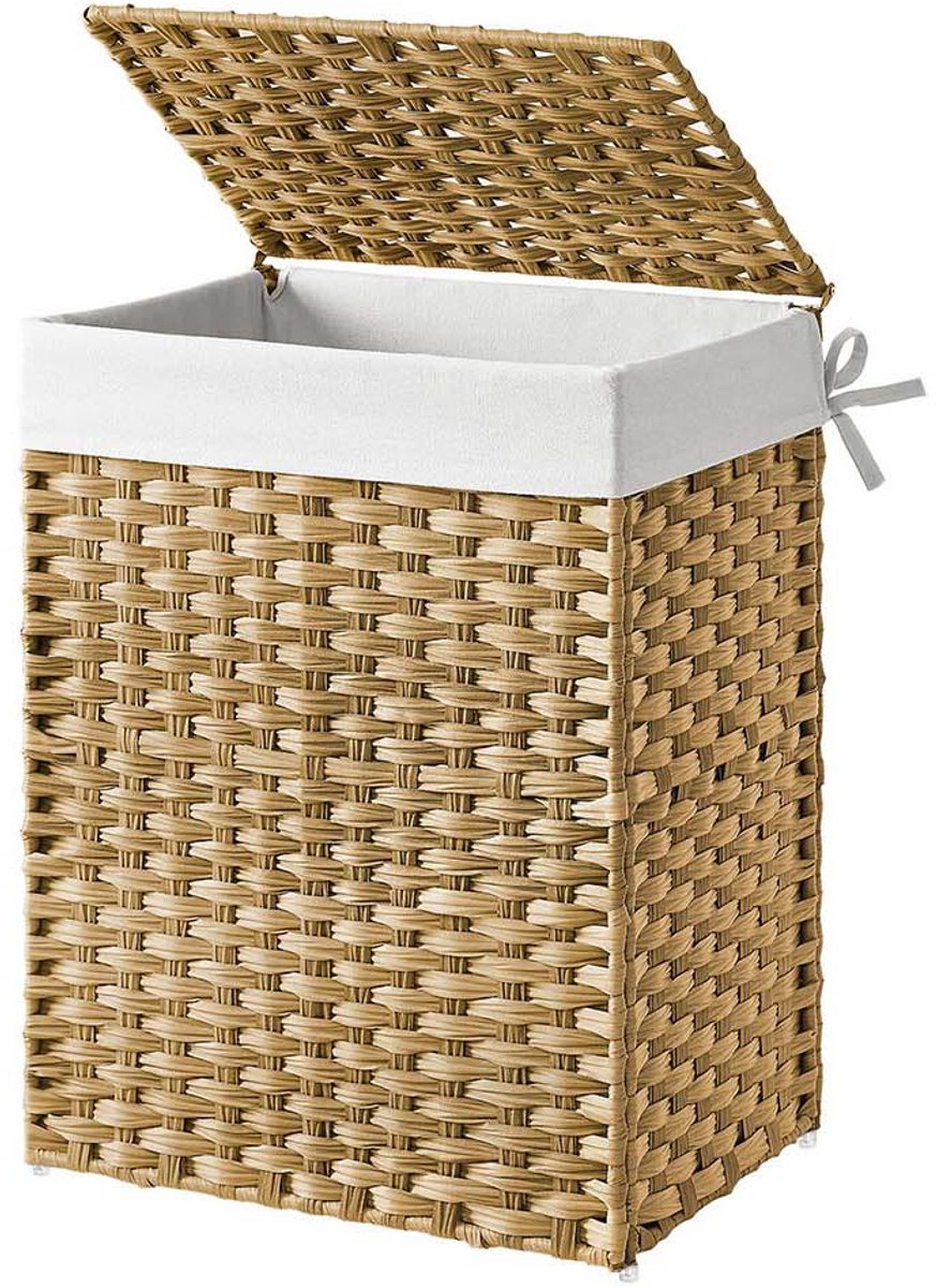 Wasmand Wasgoedmand 46 x 33 x 60 cm Houtkleur 90L grote capaciteit Met afneembare binnenzak deksel en handgrepen Opvouwbaar ruimtebesparend Waterbestendig en roestbestendig Geschikt voor badkamer slaapkamer en wasruimte