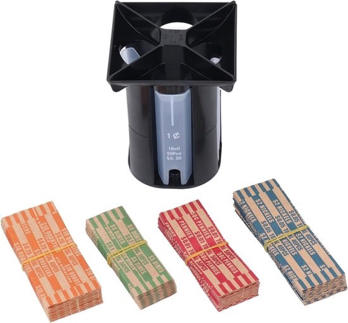Muntsorteerder Wikkelaar - Geldteller Organizer - Kleingeld Verwerken - Efficiënte 4-in-1 Sortering - 4 Reservebuizen - Transparant
