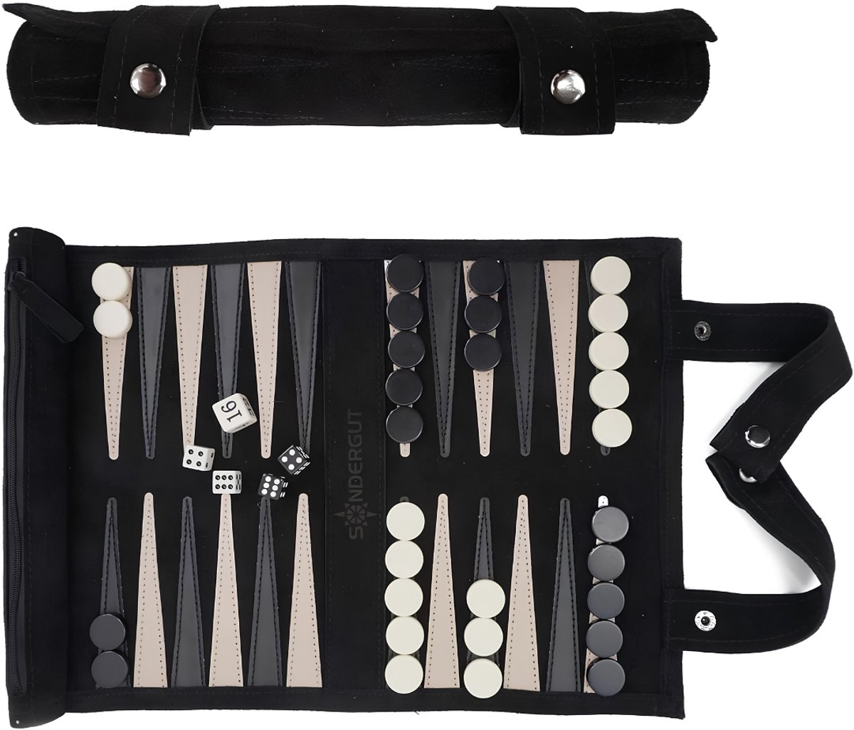 Lìon® Backgammon - Luxe Reiseditie - Backgammon Koffer - Zwart - 25cm x 5cm x 5cm