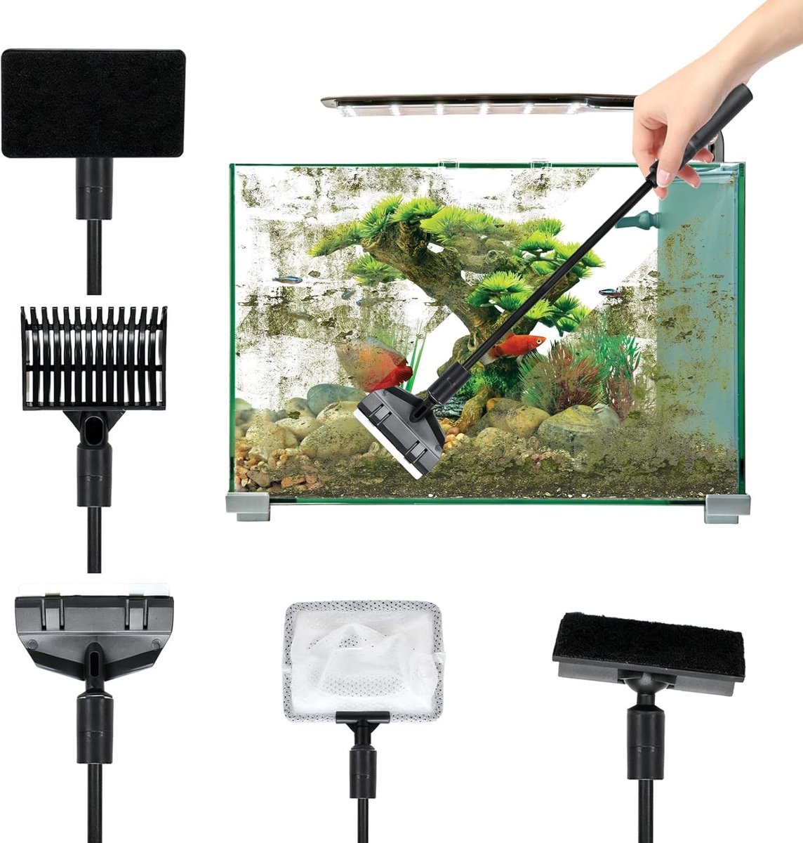 Complete 5-in-1 Aquarium Onderhoudsset met Schoonmaakgereedschap, Net, Schraper en Grindhark voor een Schone Leefomgeving