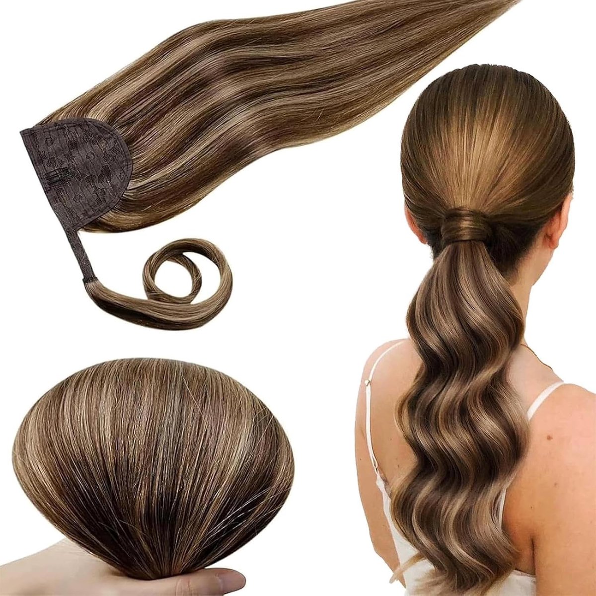 Natuurlijke Clip in Ponytail Extensions van Menselijk Haar in Donkerbruin en Donkerblond - 30 cm, 70g, Perfect voor Volumineuze Haarstijlen en Gemakkelijk Aan te Brengen