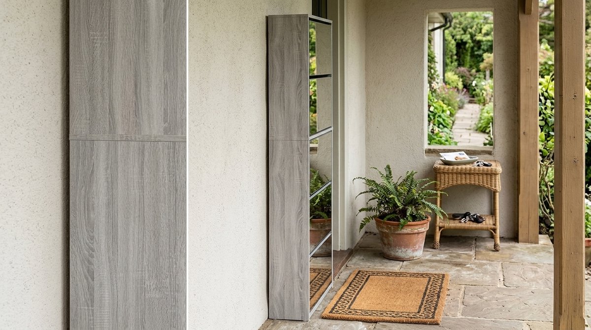 Schoenenkast met Spiegel – House&Garden – 5 Kiepvakken Schoenenrek – Wandmontage Hal Kast – Sonoma Grijs – 63x17x169,5 cm – Smalle Schoenenopberger voor Entree, Hal & Woonkamer