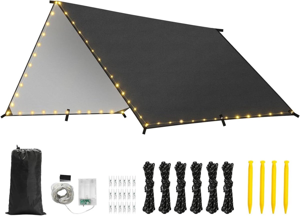 Campingzeil Waterdicht - Dekzeil Buiten - Bescherming tegen Weer - Met Verlichting - 3 x 3 m - Zwart