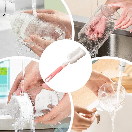 Fles Schrob Borstel - Flesreiniger Spons - Flessen Schoonmaken - Zacht en Stevig - 22 cm lengte - Roze — afbeelding 2