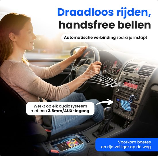 Draadloos rijden en handsfree bellen met 3.5mm AUX-ingang. Automatische verbinding voor veilig en boetevrij rijden.
