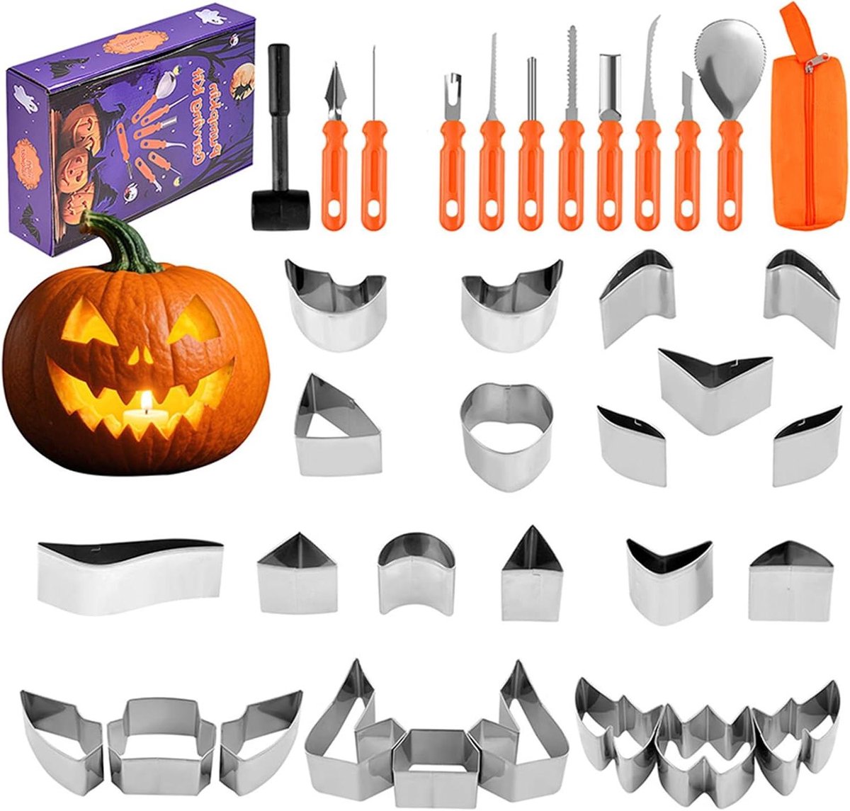 Pompoen Snijset - Halloween Gereedschap - Decoraties Maken - 37 Delig - 9-21 cm - Zilver