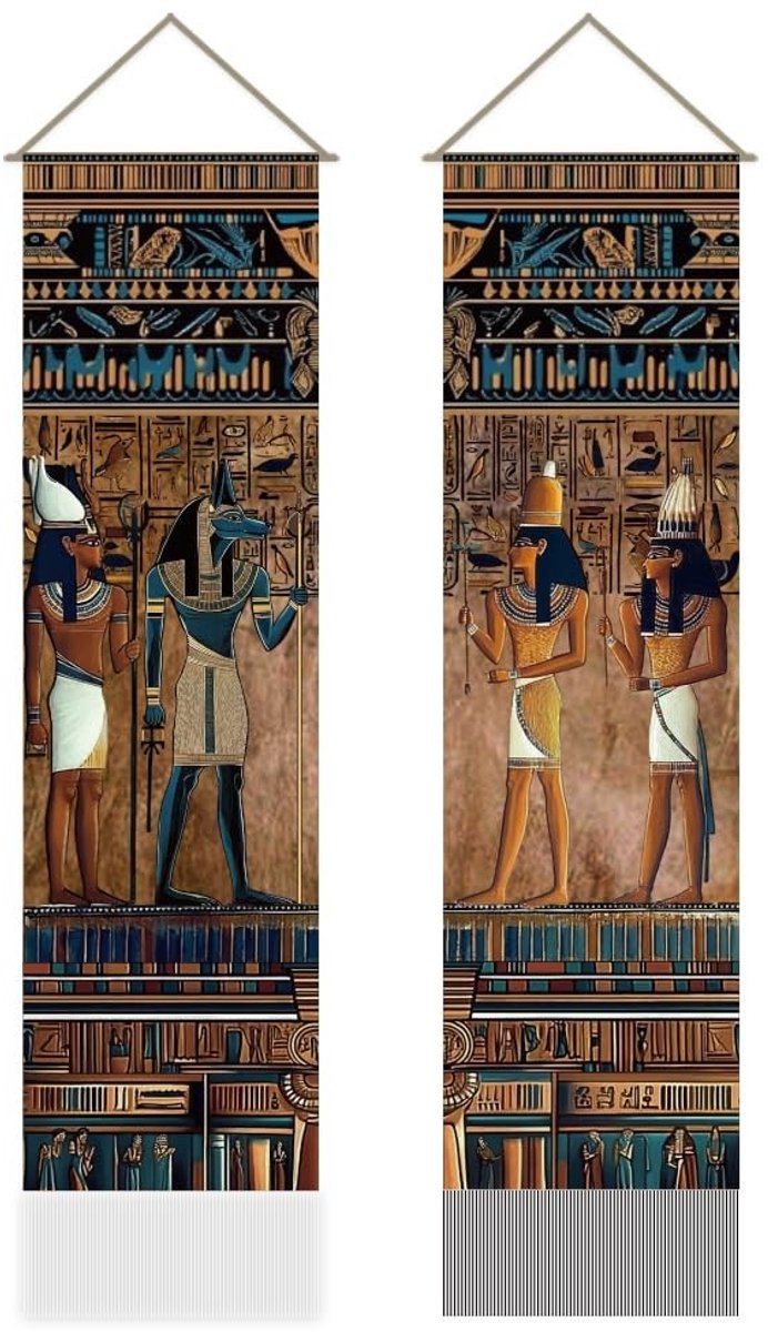 Dailygoods- Muurschilderingen 2 Stuks - Oude Egyptische Wandtapijt - Religieuze Mythologie - Farao's Hiërogliefen - Decoratie voor Slaapkamer/Woonkamer - 111 x 60 cm