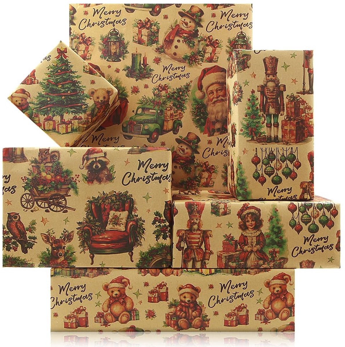 Dailygoods- Inpakpapier Kerst - 4 Vellen Cadeaupapier - Gevouwen Inpakpapier - Kwaliteitsvol Papier - Felle Kleuren - Perfect voor Feestdagen