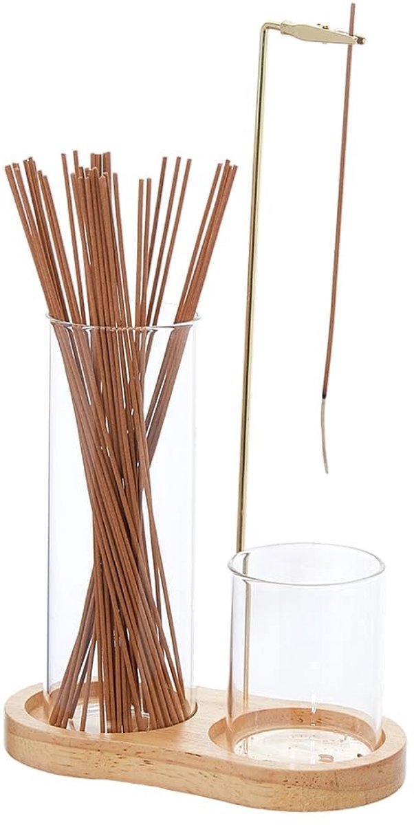 Dailygoods- Wierookhouder 2-in-1 Multifunctioneel - Wierookbrander - Glazen Catcher - Houten Basis - Opbergvak - Afmetingen 148,5x78x255mm