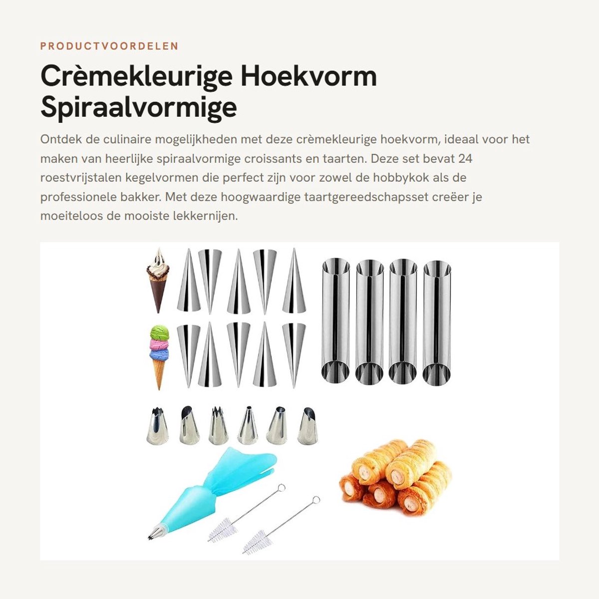 Dailygoods- Taartvorm 24 spiraalvormige croissantvormen - Hoekvorm - Bakvorm - Roestvrij staal - Inclusief reinigingsborstel - Crèmekleurig