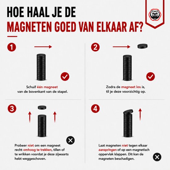 Instructies in vier stappen om magneten van elkaar te scheiden.