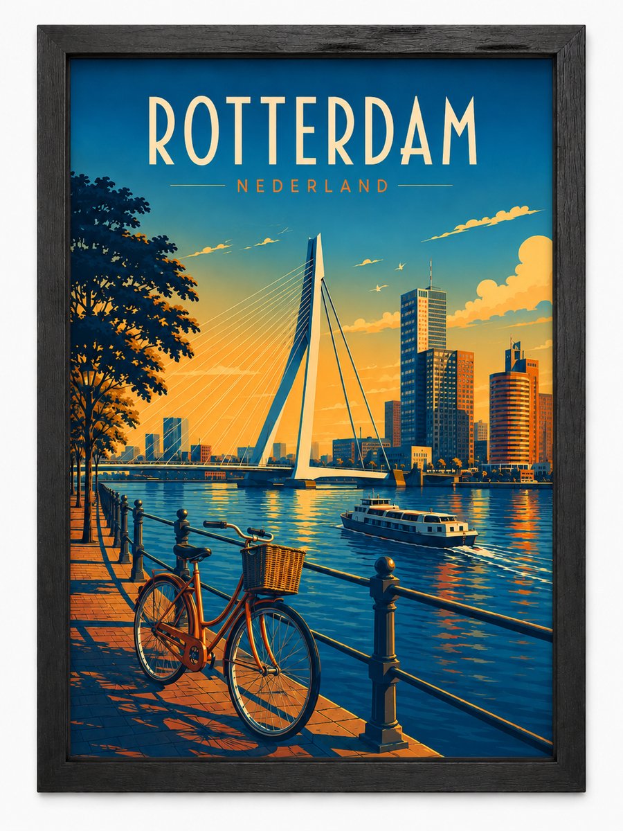 Rotterdam Skyline Poster | Retro Stadsillustratie | Erasmusbrug | Vintage | Inclusief Zwarte A4 Lijst