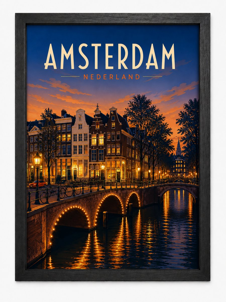 Amsterdam Poster | Retro Stadsillustratie Grachten | Vintage | Inclusief Zwarte A4 Lijst