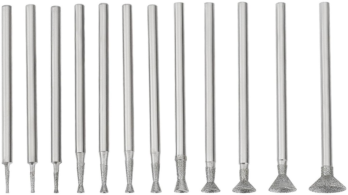 Dailygoods- Diamant Burr Set 12 Stuks - Gemonteerde Slijpen Bits - Cupvormige Boren - Geschikt voor Roterende Gereedschappen - Totale Lengte 42 mm - Materiaal: Diamant - Slijpbits