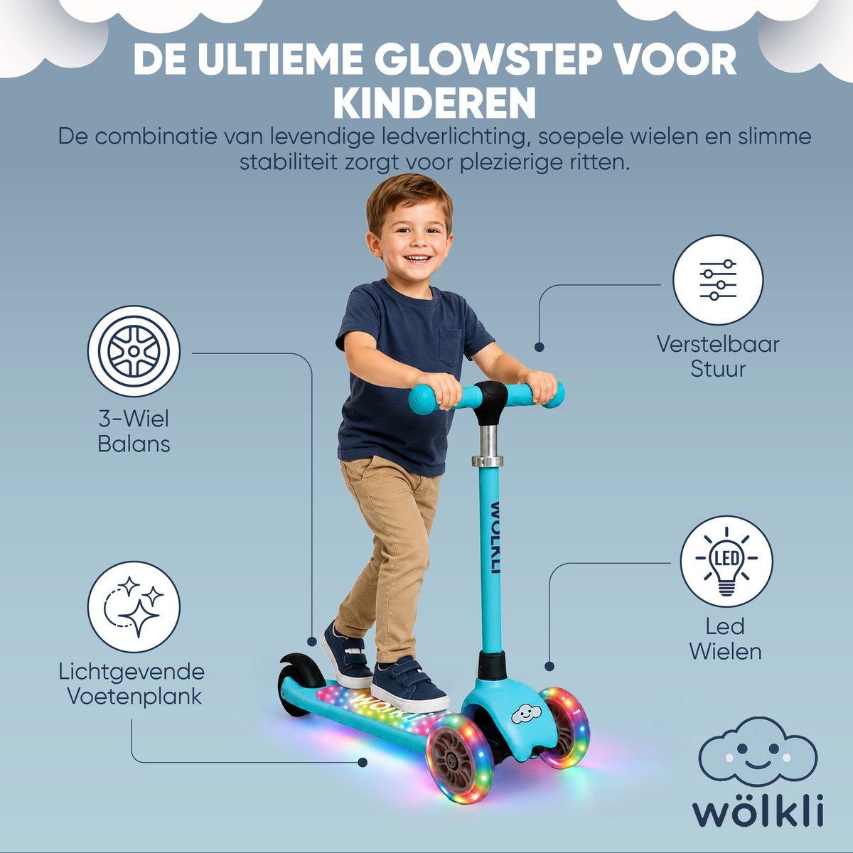 Wölkli Noaz Kinderstep - step 3 wielen - leeftijdsgroep 3+ - max 50kg - LED verlichting in de wielen - verlichting voetenplank - hoogte verstelbaar — afbeelding 4