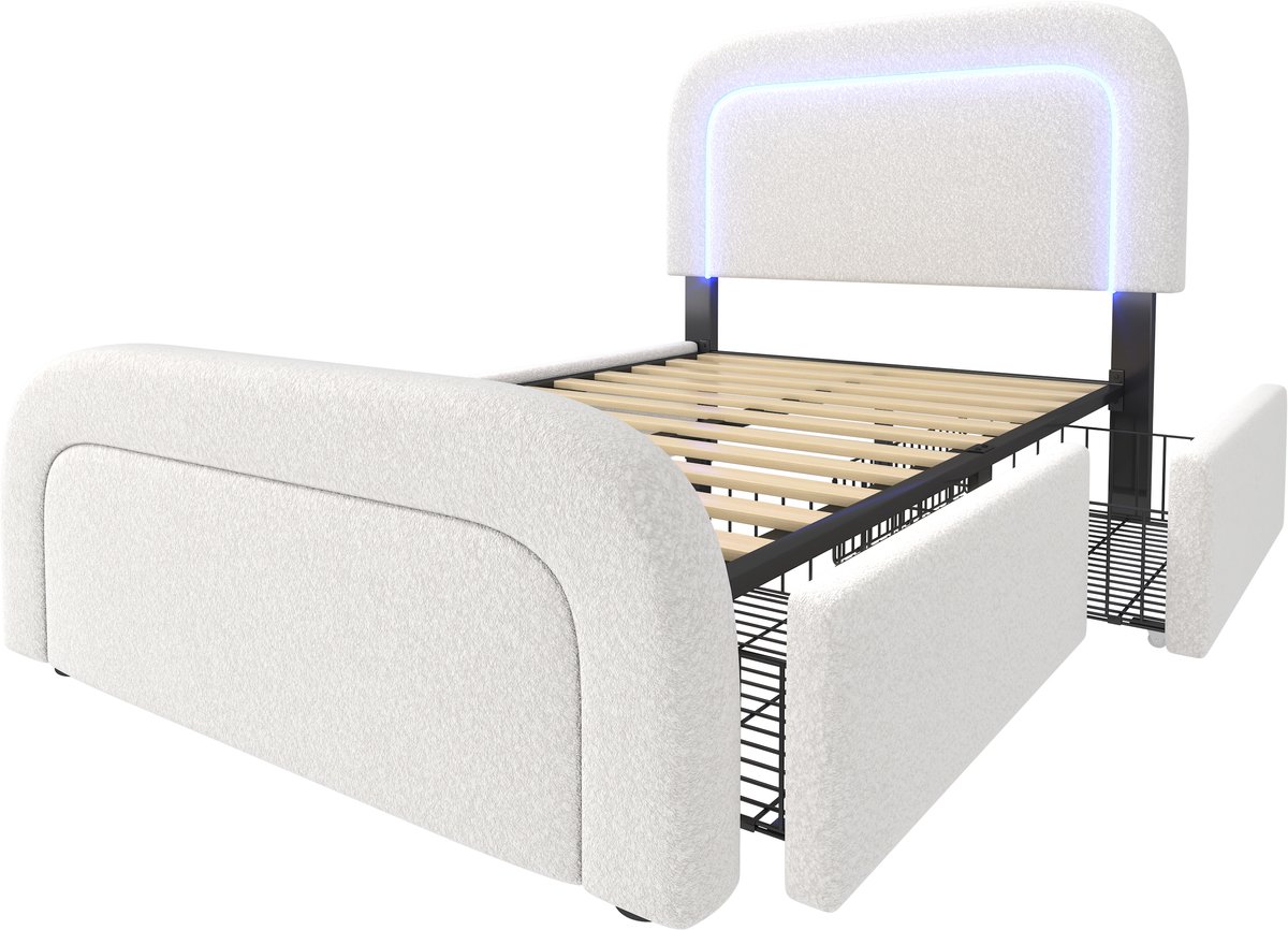 COVREO Bedframe 90x200 cm - wit Sherpa, USB-C, LED, met lades, zonder matras