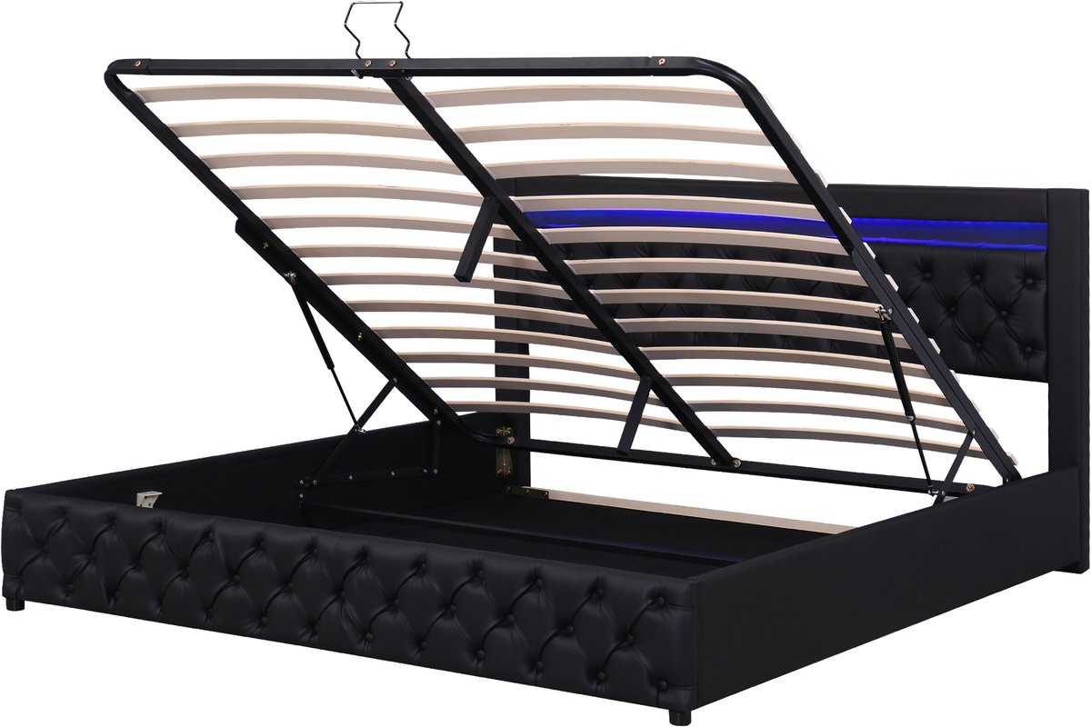 COVREO Tweepersoons bed 140 x 190 cm - met opbergruimte, LED, lattenbodem, zwart