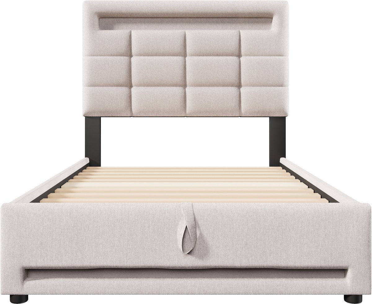 COVREO Bed 90x200 cm beige met LED, USB en opbergruimte, zonder matras