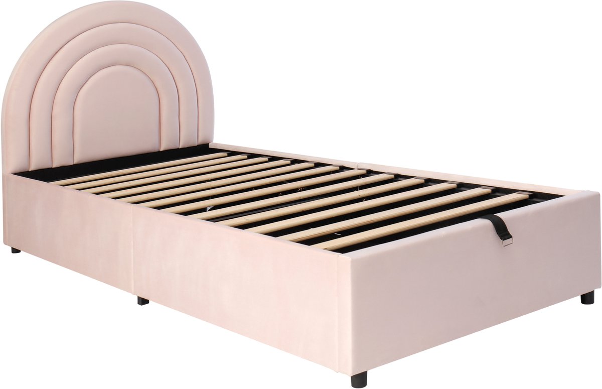 COVREO Gestoffeerd bed van 90*200 cm, kinderbed, eenpersoonsbed, met lattenbodem en hoofdbord, tienerbed, geschikt voor volwassenen en tieners, houten lattenbodem, eenvoudig te monteren, fluwelen stof, roze Rose