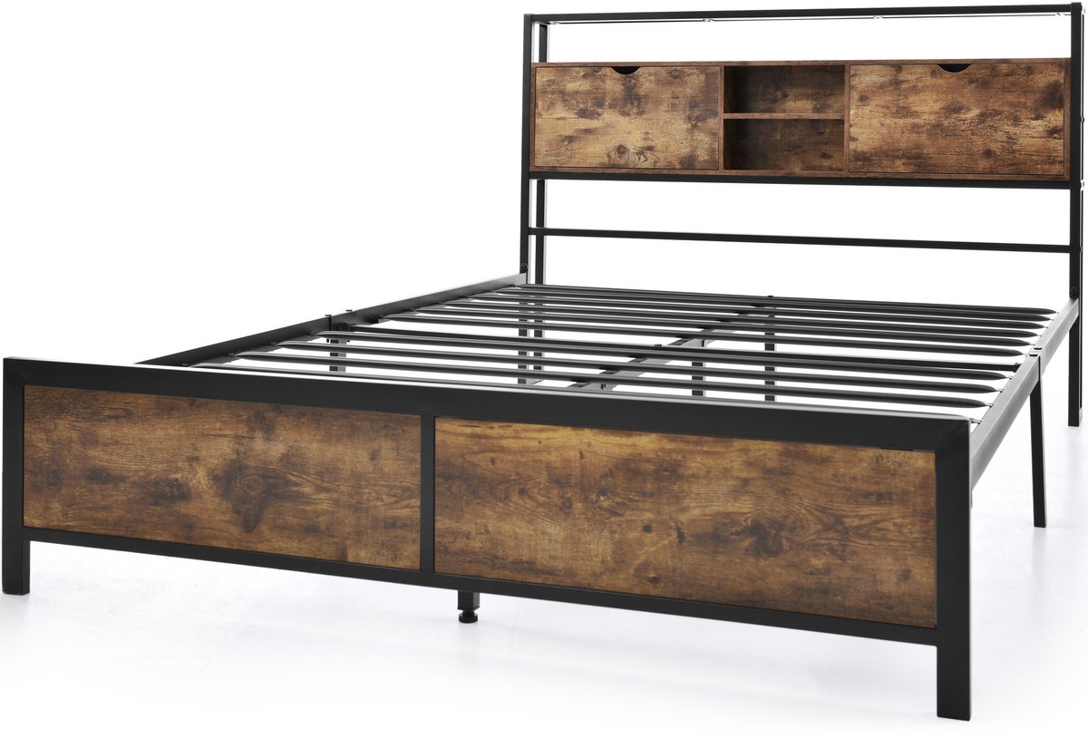 COVREO Bed 140x200 cm zwart/naturel met opbergvak zonder matras